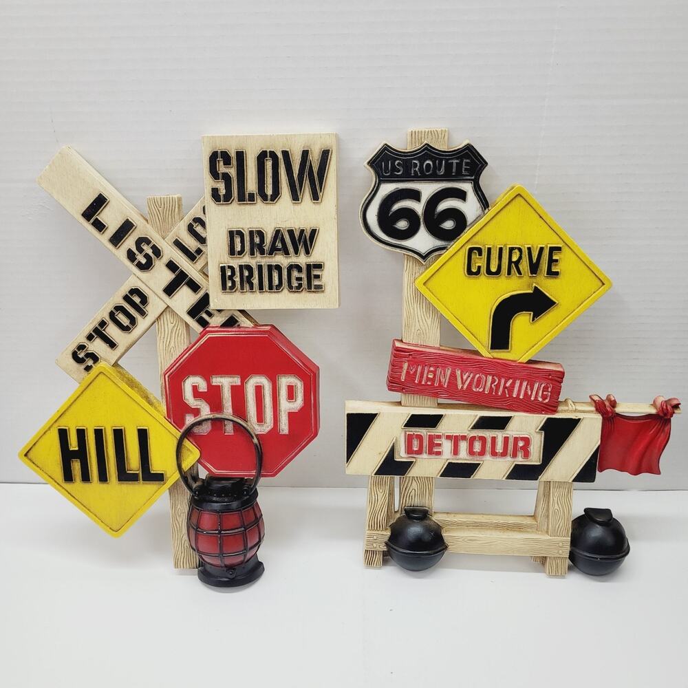 Vtg Burwood Caution Construction Sign Wall Decor 472-1 472-2 Route 66 STOP 1973